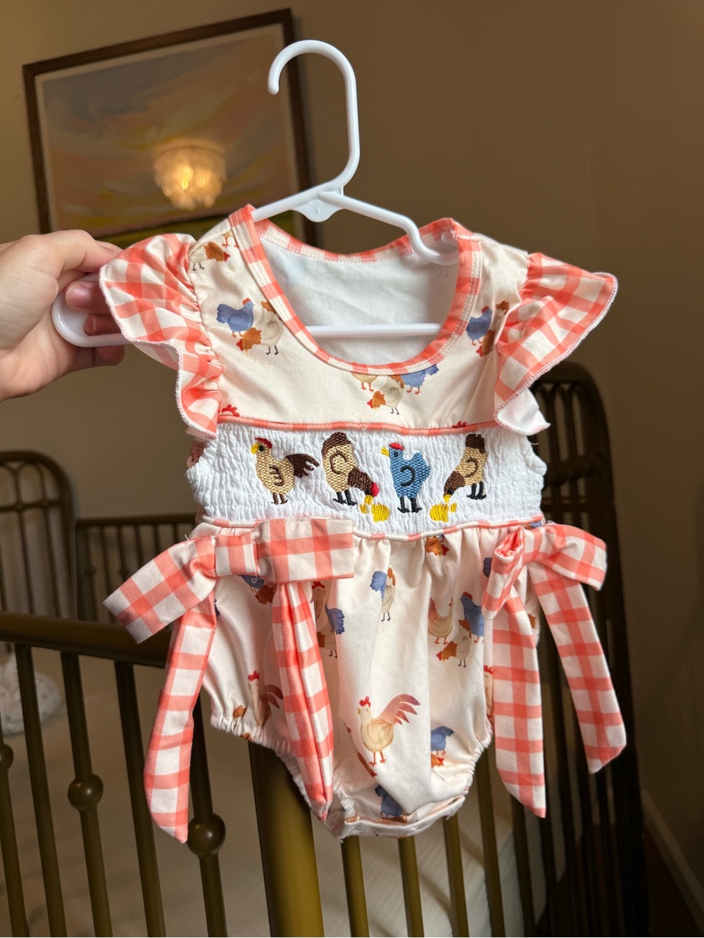 Baby Chicken Print Smocked Romper in Coral and Cream